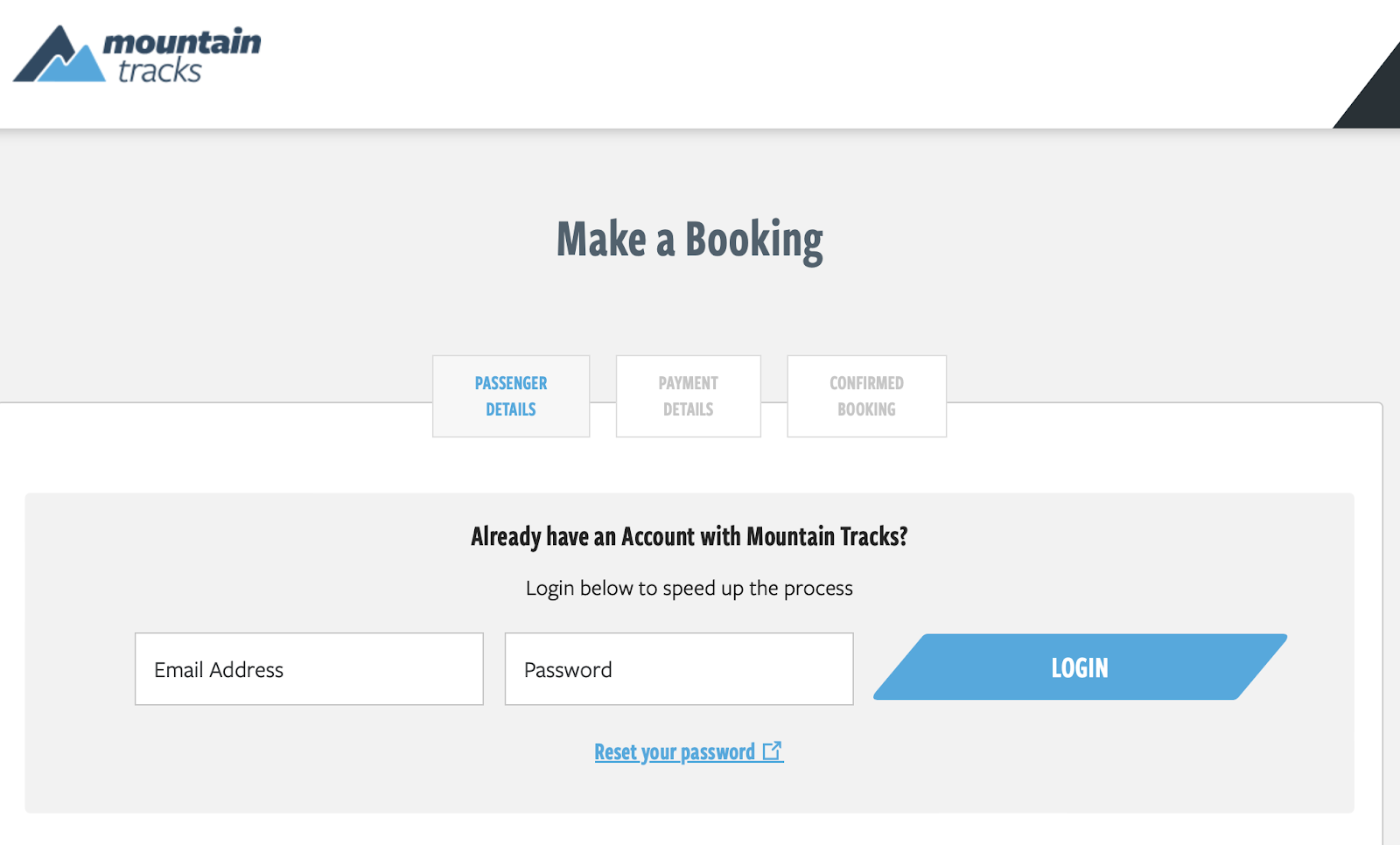 A screenshot from the Mountain Tracks website showing a 'Make a booking’ page.