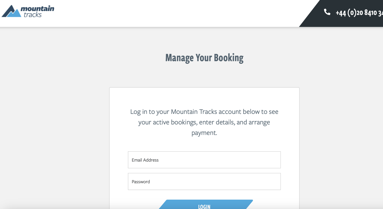 A screenshot from the Mountain Tracks website showing a customer portal login page.